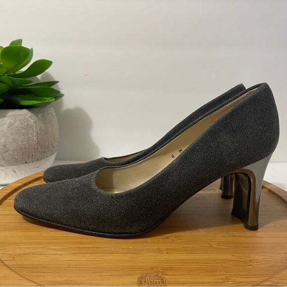 Etienne Aigner Grey Flannel Pumps Women’s 8 Vintage Silver Metallic Block Heel - Picture 1 of 8